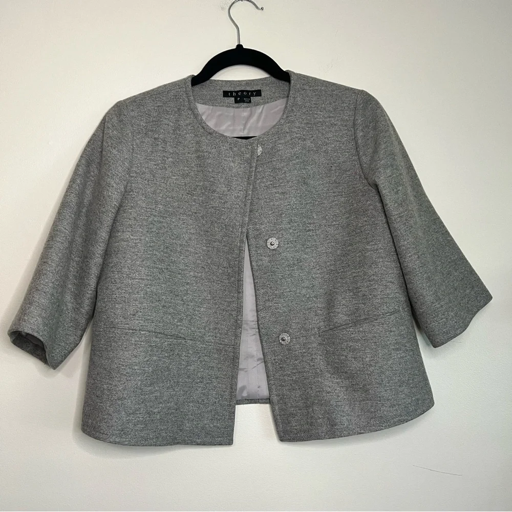 Theory Womens Gray Wool Blend Collarless 3/4 Sleeve Snap Front Jacket‎ Size P